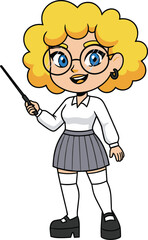 Cute cartoon teacher girl with curly blonde hair, glasses, school outfit and pointer stick, educational character vector illustration for classroom design