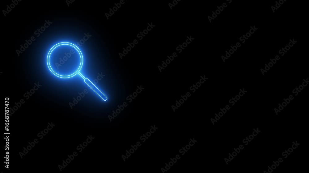 Poster glowing neon search icon animation. neon blue magnify glass search icon. rotating map pointer icon a