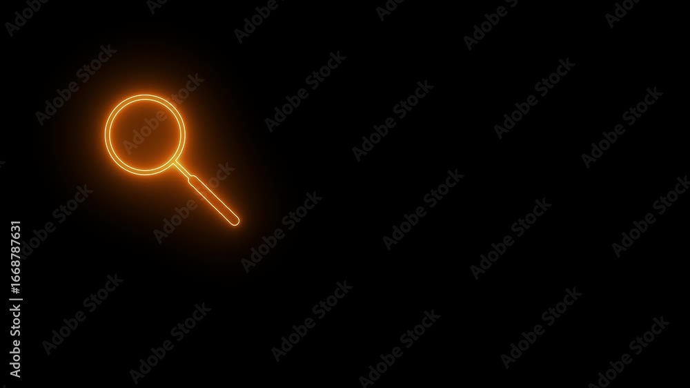 Poster glowing neon search icon animation. neon orange magnify glass search icon. rotating map pointer icon