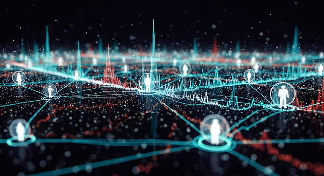 Abstract network of people connected by lines with data visualization in the background - Powered by Adobe