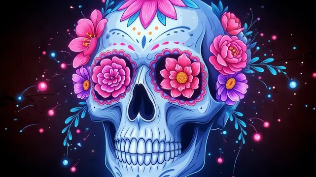 Stunning Day of the Dead sugar skull with vibrant floral decorations against a dark background, perfect for cultural celebrations