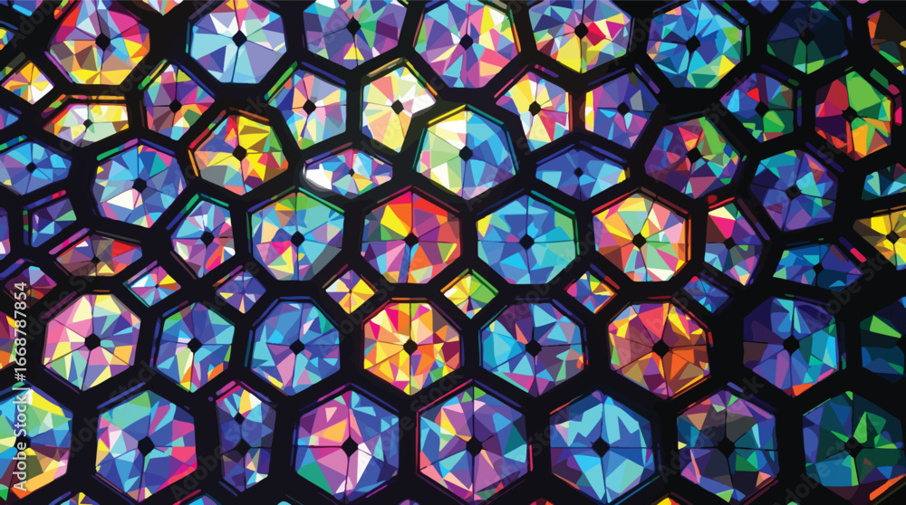 Poster abstract geometric pattern of colorful stained glass windows with hexagonal shapes background.