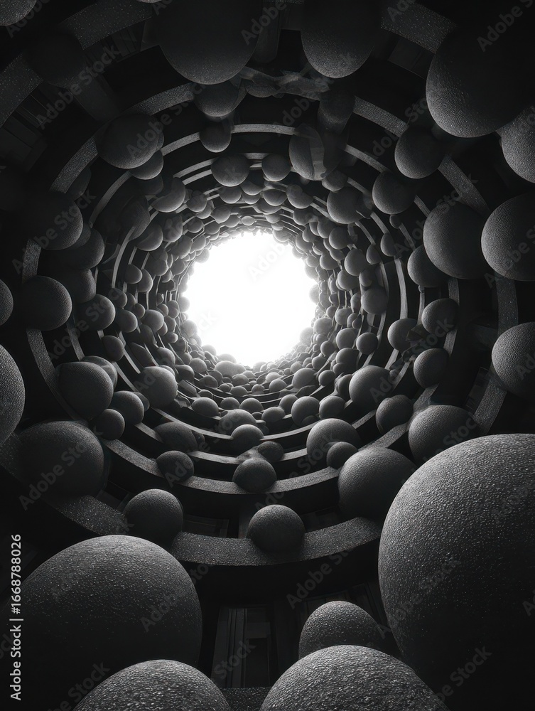 Poster a low angle perspective captures a spiraling structure with spherical elements creating a sense of d