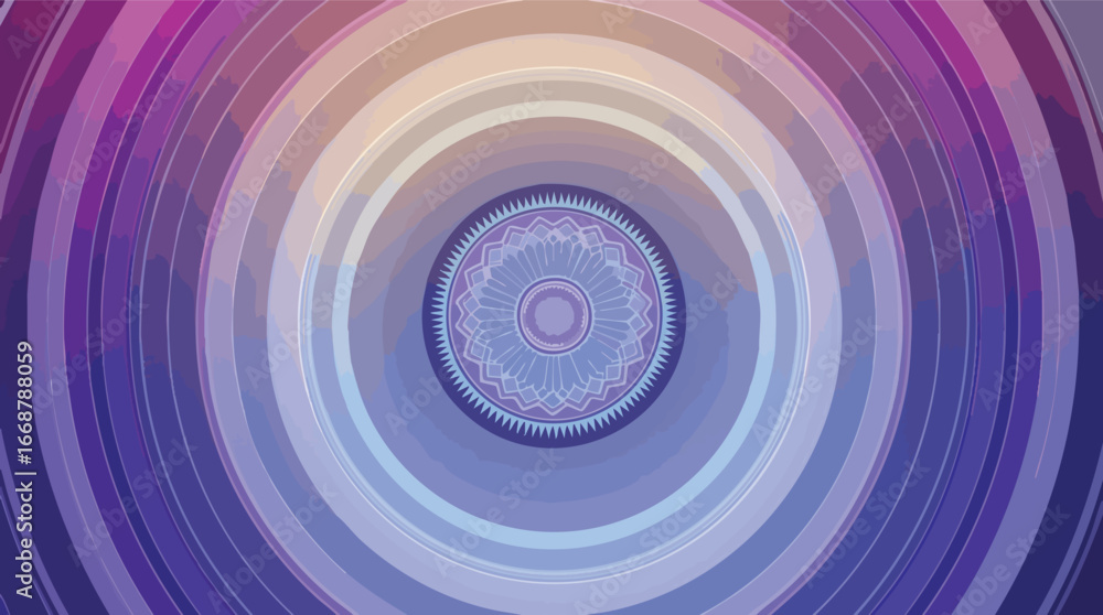 Poster concentric circles and mandala pattern in soft purple and blue gradient abstract.