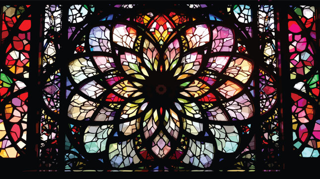 Colorful Stained Glass Rose Window With Intricate Floral Design and Black Background vector.