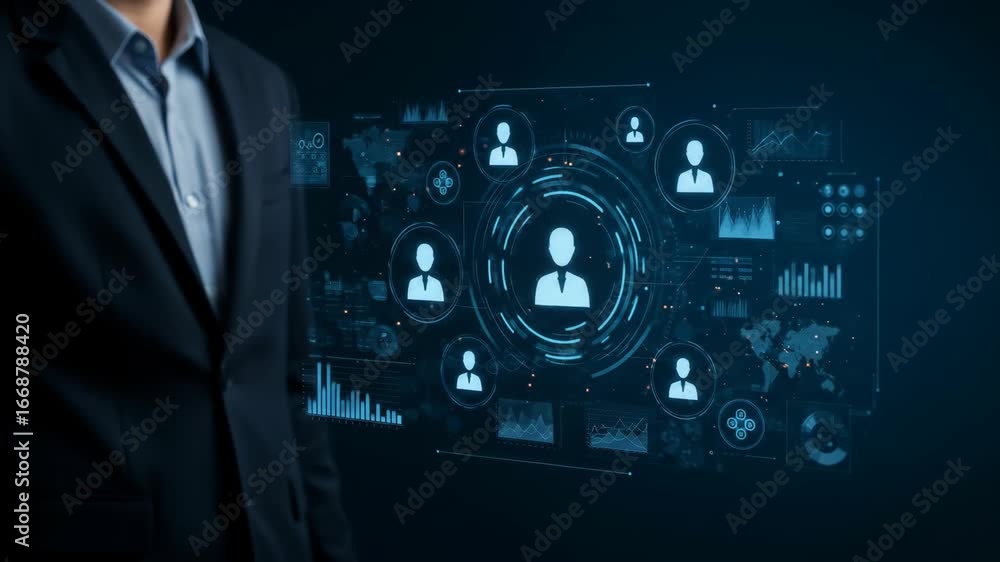 Poster businessman interacting with hr management system hologram - a businessman stands before a holograph