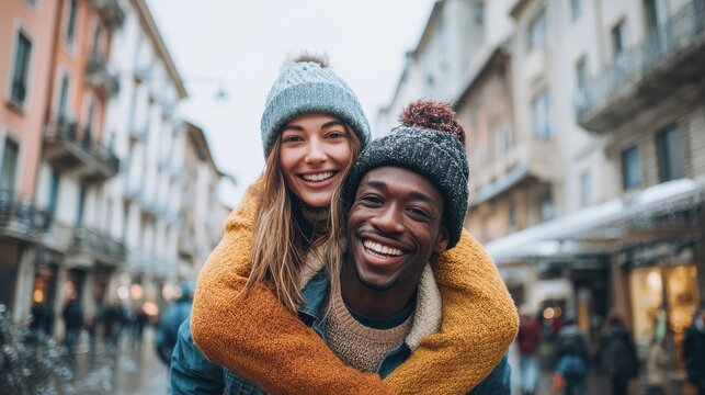 smiling man giving piggyback ride to woman in the city young multiethnic couple in cold clothes walking in street and having fun cheerful girlfriend with wool cap and boyfriend in sweater enjoying no