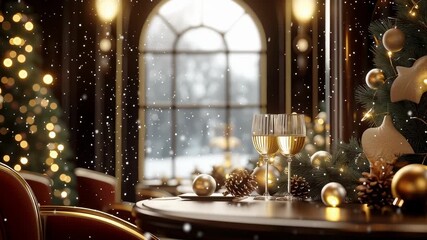 Elegant table setting with two wine glasses and holiday decorations. Warm, inviting atmosphere with soft snowfall visible outside. Concept of hospitality, festive dining, seasonal events