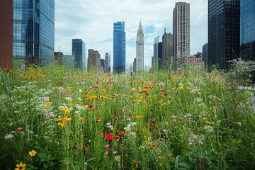 Vibrant wildflowers bloom in front of a modern city skyline a beautiful contrast of nature and urban architecture