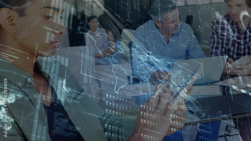Poster tech analyst tapping tablet swiping floating map while team observing revealing business insights