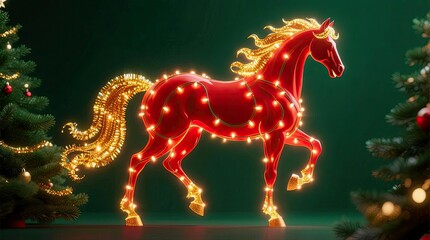 A vibrant red horse adorned with glowing lights stands amidst decorated Christmas trees. The scene captures the festive spirit of the New Year celebration.