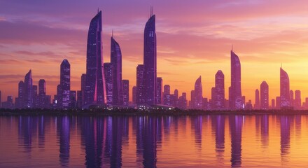 Fototapeta premium Futuristic Metropolis at Dusk: Purple Towers Reflecting in Serene Waterscape