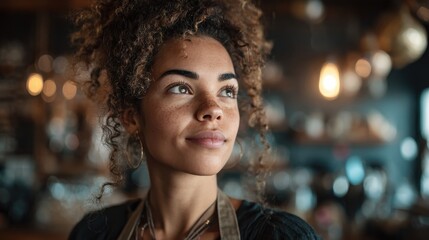 headshot of confident black mixed race hipster female barista standing looking dreamingly in restaurant or cafe small business cafe entrepreneurship concept no logos no brands ar 169