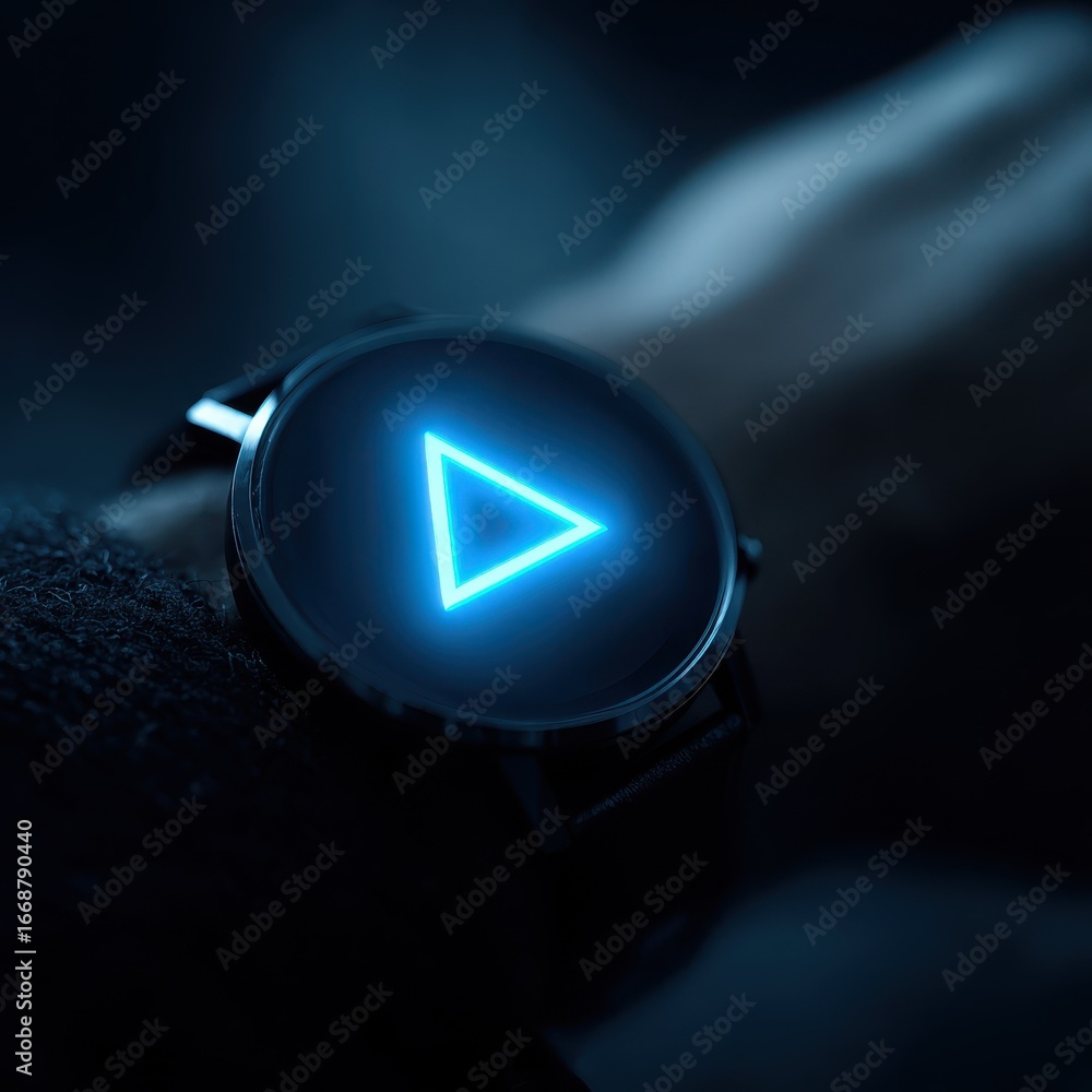 Poster a smartwatch on a wrist displays a glowing blue warning triangle icon symbolizing system alerts secu
