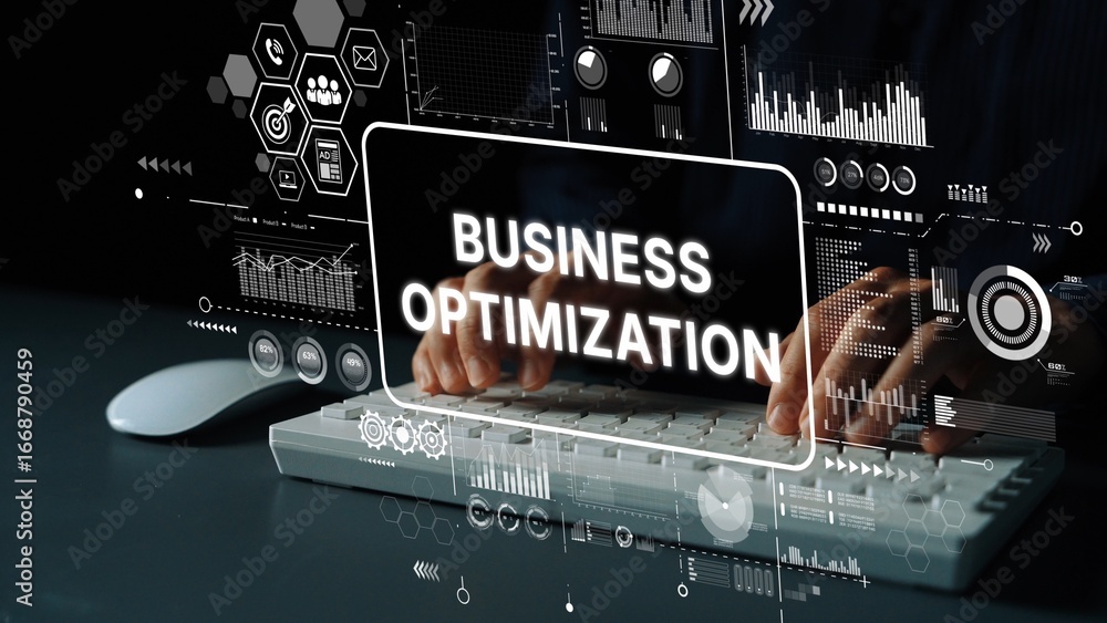 Poster digital business optimization concept with data analysis and graphical user interface in modern offi