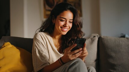 happy 20s young woman watching social media videos looking at smartphone relaxing on couch smiling hispanic girl enjoying using online mobile apps doing online shopping on cell phone at home no logos