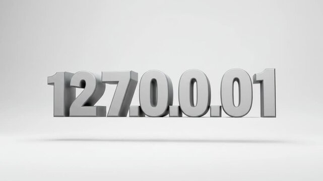 3D Loopback Address 127.0.0.1 - A three-dimensional video of the loopback address 127.0.0.1 against a white background. The numbers are metallic silver and appear to float slightly above the surface.