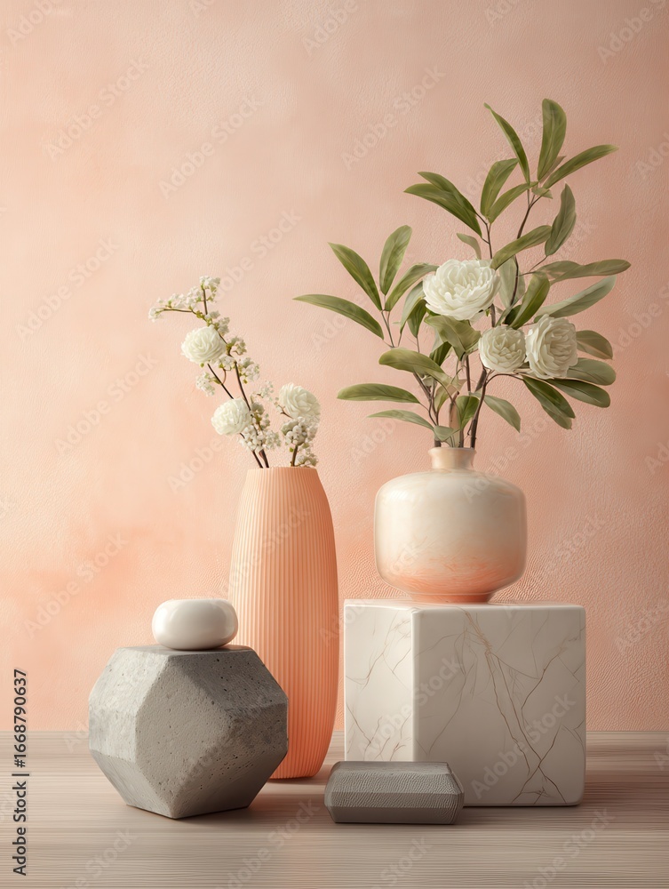 Aufkleber minimalist display with soft pastel colors and natural elements a serene and stylish still life feat
