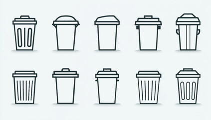 Collection of Garbage Can Icons Representing Recycling and Waste Management in a Clean Modern Design Aesthetic
