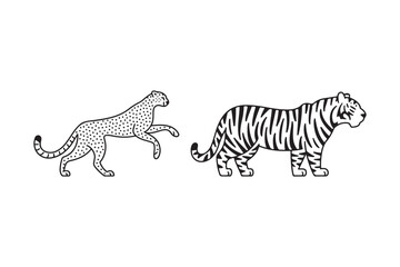 Stylized cheetah and tiger side by side illustration