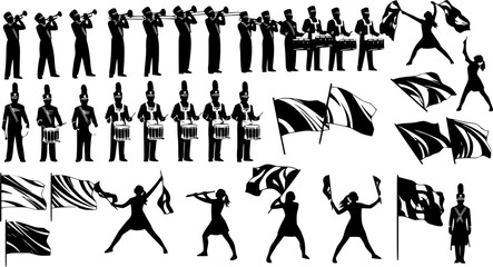 white Marching band svg, Color guard svg, Color guard silhouette, Marching band silhouette, Color guard flags svg, Color guard vector set -V02 organized