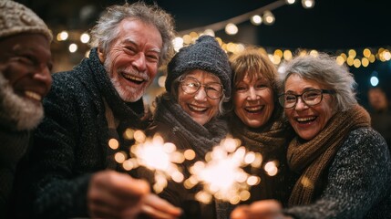group of senior friends celebrating with sparkler fireworks new years eve on patio terrace  happy people having fun after dinner  family lifestyle and holidays concept  soft focus on left man face no