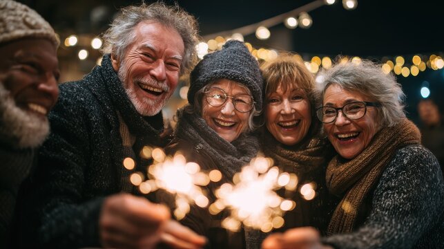 group of senior friends celebrating with sparkler fireworks new years eve on patio terrace happy people having fun after dinner family lifestyle and holidays concept soft focus on left man face no - Powered by Adobe