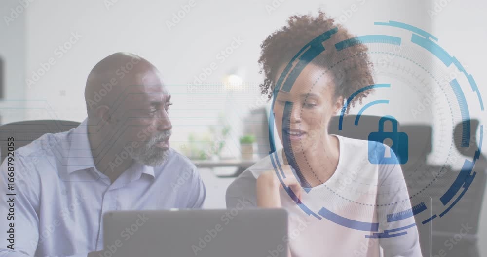 Poster female colleague tapping keyboard pointing screen causing pulsing lock overlay promoting security