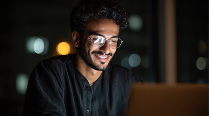 Fototapeta premium smiling young curly indian latin ethnic business man or student wearing glasses remote working overtime learning online late at night at home or in dark office using laptop computer at workplace no l