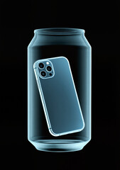 Fototapeta premium X-ray image of a closed tin can with a mobile phone handy inside