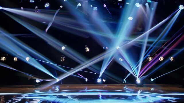 Loopable stage effect video with sweeping blue light beams and glowing spotlights on dark background for concert performance, wedding stage decoration, party show, and corporate event backdrop