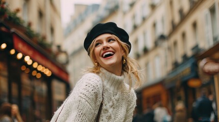 Obraz premium joyful laughing blonde in fashionable beret and a woolen sweater going along french street turned around to say goodbye no logos no brands ar 169
