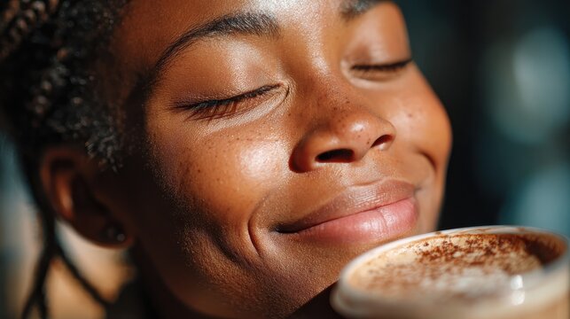 smiling black young woman smelling freshly brewed coffee with eyes closed in cafeteria beautiful african girl smiling while relaxing in a coffee shop close up face of girl drinking latte coffee no lo
