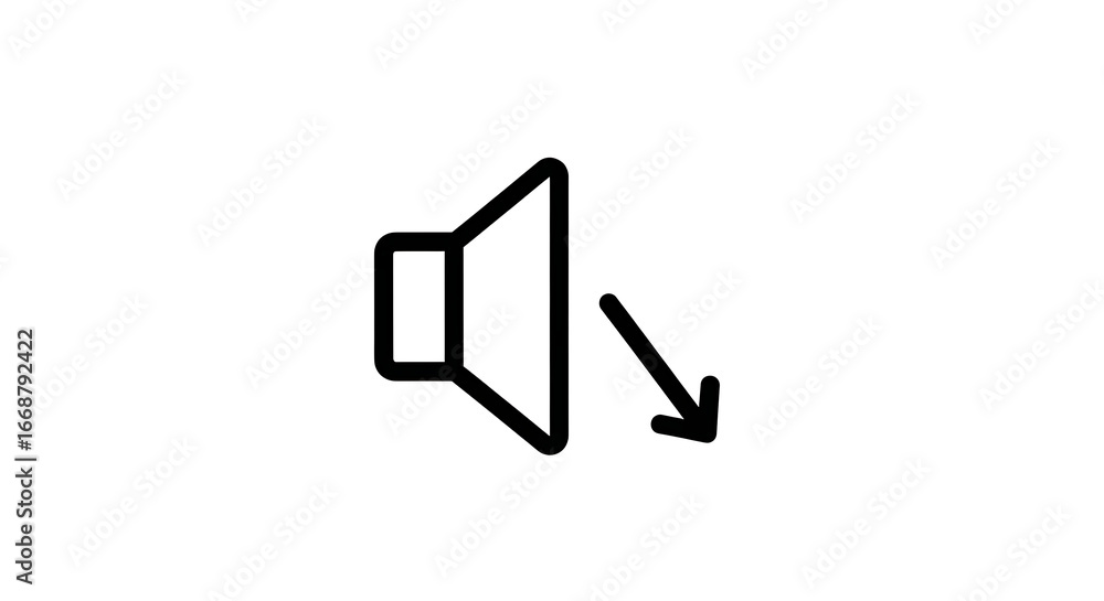 Poster a minimalist icon depicting a speaker with an arrow pointing downwards indicating volume decrease fu
