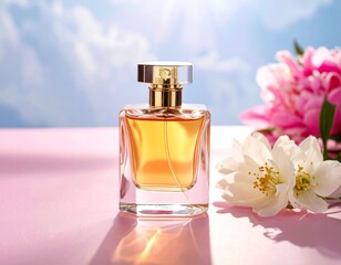 Close-up of a perfume bottle with gold accents, surrounded by pink peonies and white jasmine blossoms, on a pink surface against a bright, sunny sky background,