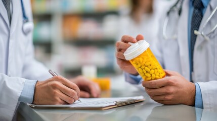 pharmacists with a medicine pot going through a prescription at a pharmacy no logos no brands ar 169