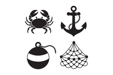 Nautical icons featuring crab anchor buoy and fishing net © Laboni