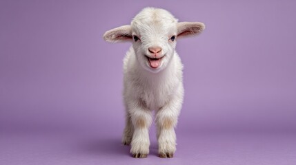 Fototapeta premium Cute lamb standing, tongue out, against a light purple background