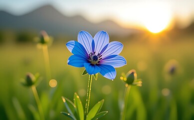 Close-up of a vibrant blue flower with delicate petals against a sunset sky nature flora