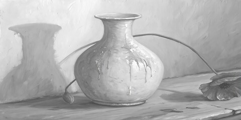 Monochrome Still Life Painting of a Textured Vase with a Drooping Poppy and Shadow black and white