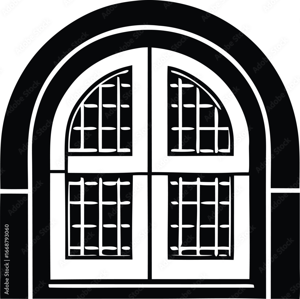 Poster elegant archway window with panes and grid pattern classic architectural detail black and white mono