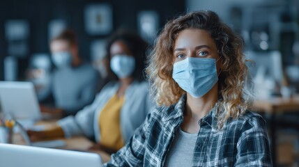 young people with face masks back at work or school in office after lockdown no logos no brands ar 169