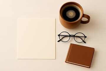 Overhead view of coffee cup blank paper glasses and notebook on white wooden desk image photo