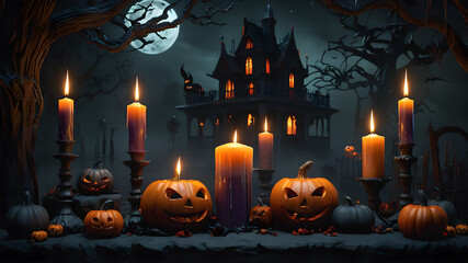 Obraz premium Halloween. Mushrooms and pumpkins with a castle and forest in the background 