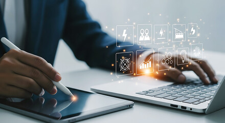 Business professional using technology for data analysis and digital networking