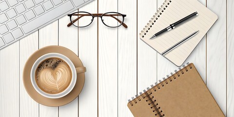Top view of coffee cup with latte art keyboard glasses and notebooks on white wood flat lay desk