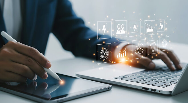 Business professional using technology for data analysis and digital networking