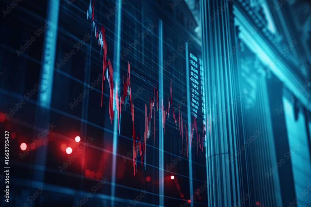 Poster stock market data displayed on a screen with a classical building in the background showing financia