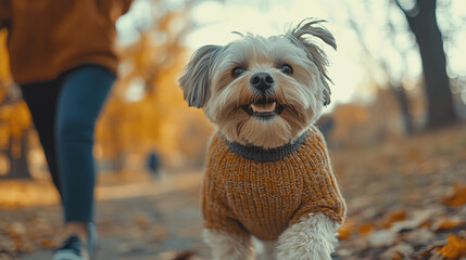 A dog wearing a cute sweater, happily walking in the park with its owner.