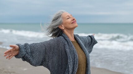 happy mature woman with arms outstretched feeling the breeze at beach beautiful middle aged woman with arms up dancing on beach mid lady feeling good and enjoying freedom at sea copy space no logos n
